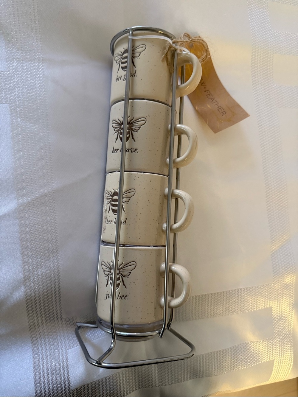 Cream Bee Ceramic Stackable Mugs with Metal Rack - Unbranded